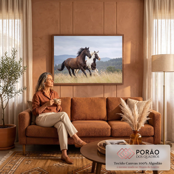 Cavalo castanho e cavalo pampa galopando em campo de grama dourada com montanhas, quadro decorativo
