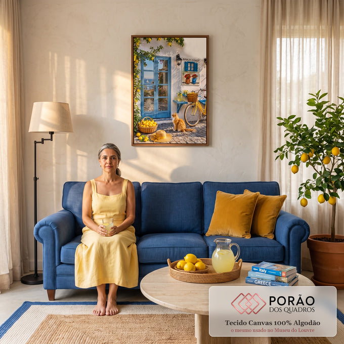 Fachada branca da Costa Amalfitana com porta azul, limoeiro, bicicleta amarela e gato ruivo, quadro decorativo