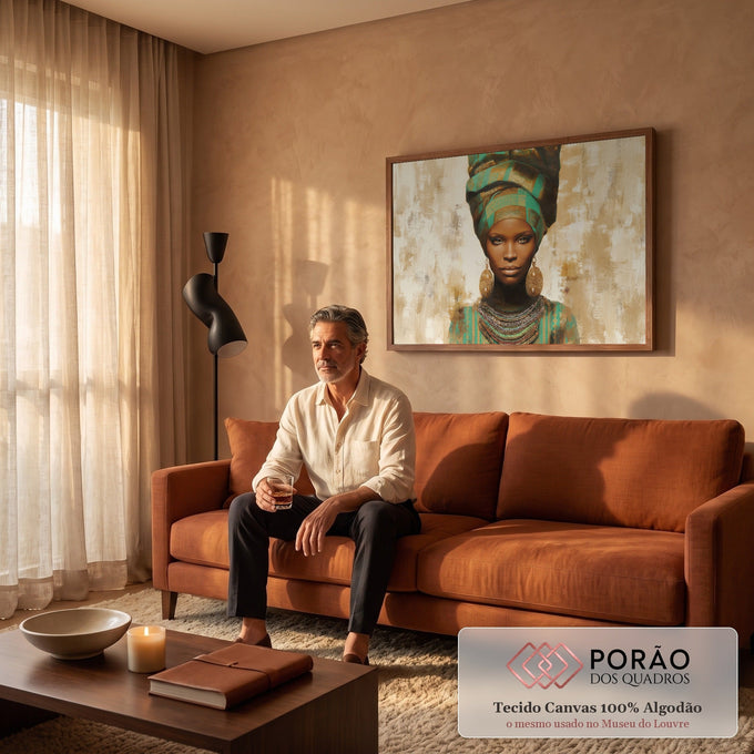 Quadro Decorativo Grande Mulher com Turbante para Sala Verde | quadros decorativos para sala de estar | retrato de mulher com turbante verde e dourado, brincos e colar de contas | em ambiente 3 | Porao dos Quadros