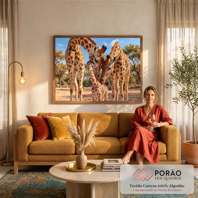 Quadro Decorativo Grande Família Savana para Sala Marrom | quadros decorativos para sala de estar | três girafas adultas acolhendo um filhote na savana sob céu azul | em ambiente 3 | Porao dos Quadros