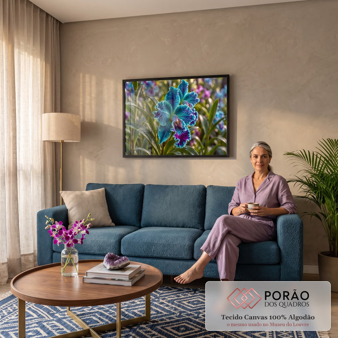 Orquídea turquesa com pintas roxas e gotas de orvalho entre folhas verdes, jardim desfocado, quadro decorativo