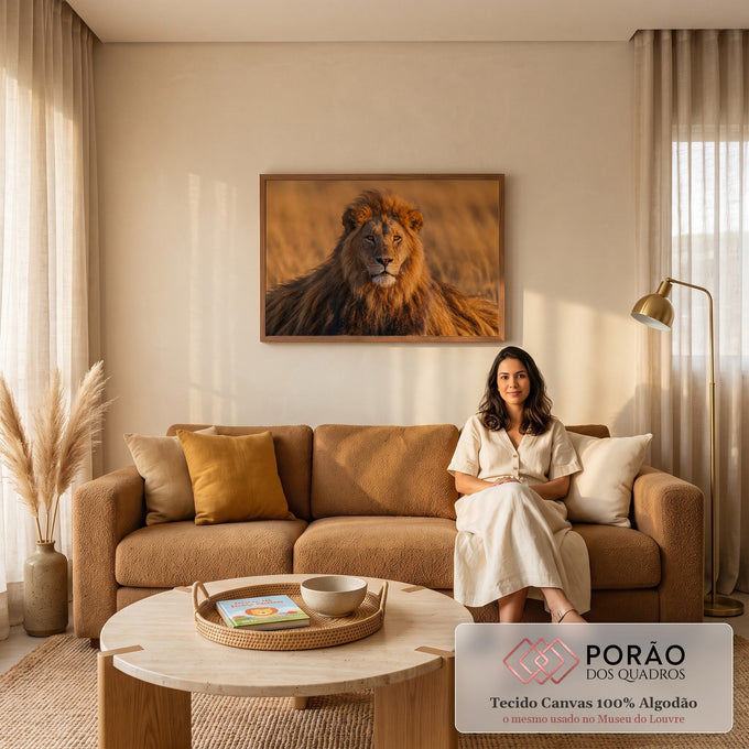 Leão de juba volumosa deitado na savana de capim seco sob luz dourada do entardecer, quadro decorativo