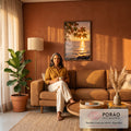 Quadro Decorativo Folhas de Bordo ao Pôr do Sol no Mar | quadros decorativos para sala de estar | galho de folhas de bordo emoldurando pôr do sol dourado sobre o mar | em Quadros para Escritorio | Porao dos Quadros