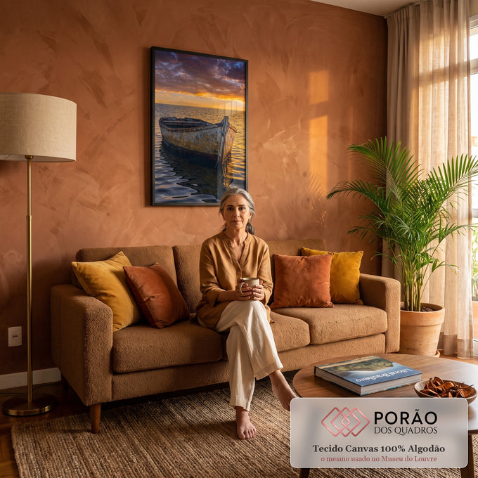 Quadro Decorativo Grande Barco Antigo para Sala Laranja | quadros decorativos para sala de estar | barco de madeira desgastado flutuando em mar calmo sob céu de pôr do sol laranja e roxo | em ambiente 3 | Porao dos Quadros