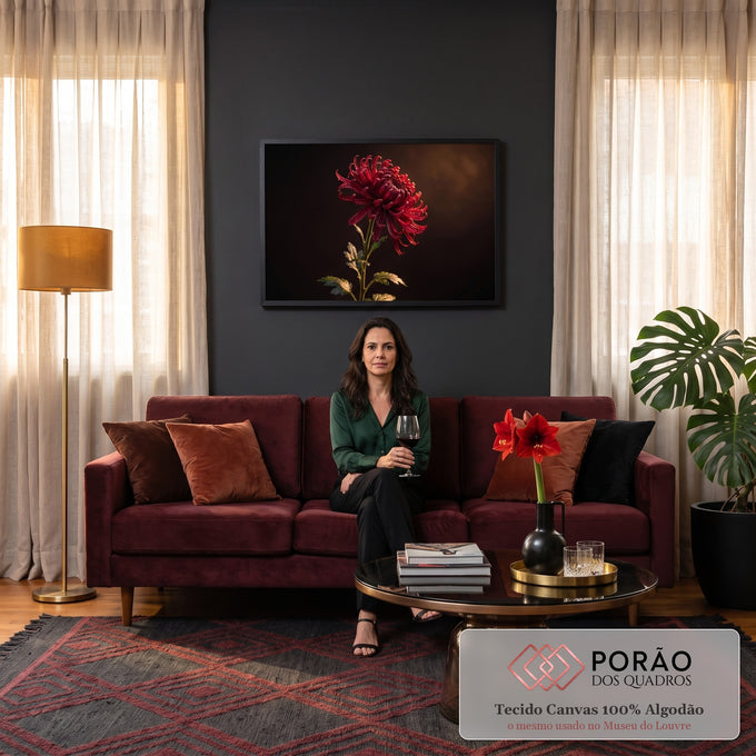 Quadro Decorativo Grande Crisântemo para Sala Vermelho | quadros decorativos para sala de estar | crisântemo vermelho-vinho com pétalas curvadas e gotas de orvalho sobre fundo escuro | em ambiente 3 | Porao dos Quadros