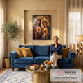 Quadro Decorativo Grande Sagrados para Sala | quadros decorativos para sala de estar | Jesus e Maria segurando corações sagrados em chamas diante de vitrais coloridos | em ambiente 3 | Porao dos Quadros