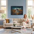 Quadro Decorativo Grande Astronauta Sentado para Sala | quadros decorativos para sala de estar | astronauta sentado em campo de girassóis com céu estrelado refletido no capacete | em ambiente 3 | Porao dos Quadros
