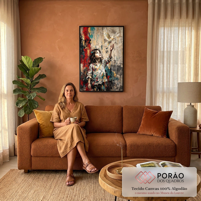 Quadro Decorativo Grande Menina Alcançando para Sala | quadros decorativos para sala de estar | menina de camisa manchada de tinta estendendo a mão para uma pomba branca voando | em ambiente 3 | Porao dos Quadros