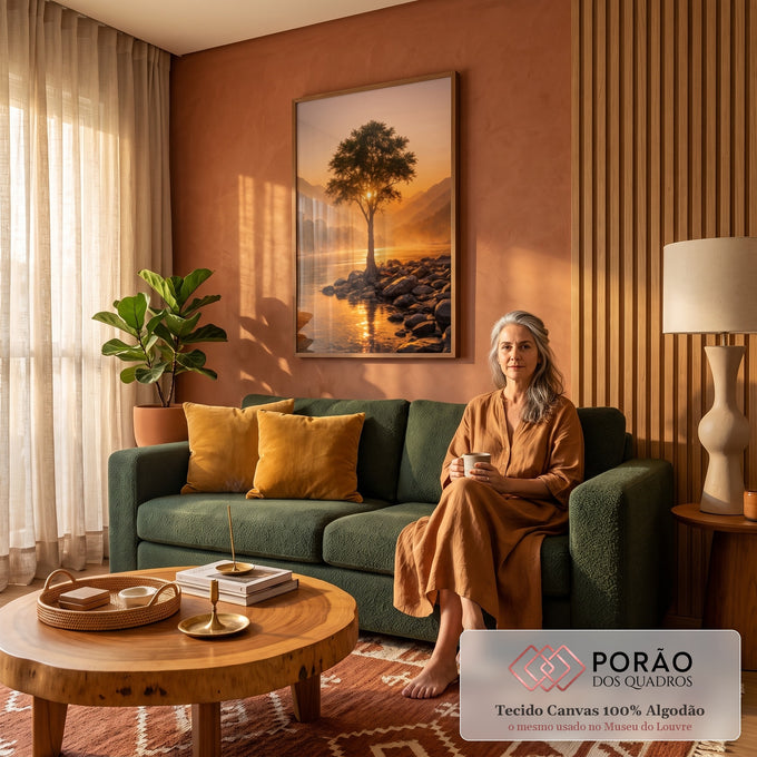Quadro Decorativo Grande Árvore Solitária Natureza para Sala | quadros decorativos para sala de estar | árvore solitária com sol brilhando entre os ramos, à beira de rio e montanhas | em ambiente 3 | Porao dos Quadros