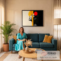Perfil de mulher em preto e branco com círculos amarelo e vermelho em colagem Bauhaus, quadro decorativo