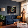 Quadro Decorativo Grande Tigre e Leão para Sala Laranja | quadros decorativos para sala de estar | tigre e leão em pé jogando xadrez num tabuleiro iluminado sobre fundo escuro enevoado | em ambiente 3 | Porao dos Quadros