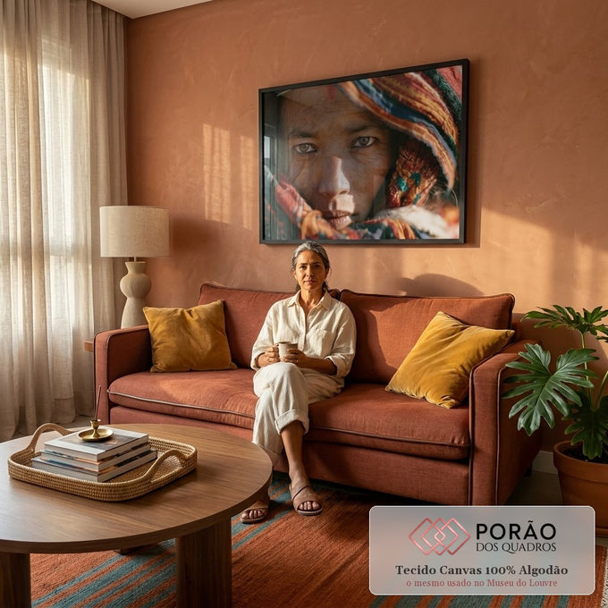 Quadro Decorativo Retrato de Mulher com Lenço Colorido | quadros decorativos para sala de estar | close do rosto de uma mulher com lenço colorido e olhar intenso | em ambiente 3 | Porao dos Quadros