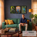 Quadro Decorativo Kit 3 Telas Beija-Flor Campo para Sala | quadros decorativos para sala de estar | beija-flor, campo de flores coloridas e pássaro azul em três painéis naturais | em ambiente 3 | Porao dos Quadros
