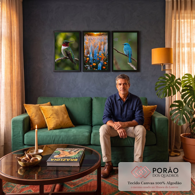 Quadro Decorativo Kit 3 Telas Beija-Flor Campo para Sala | quadros decorativos para sala de estar | beija-flor, campo de flores coloridas e pássaro azul em três painéis naturais | em ambiente 3 | Porao dos Quadros