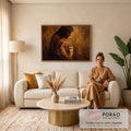 Jesus com coroa de espinhos ao lado do leão de Judá em pintura a óleo dourada, quadro decorativo