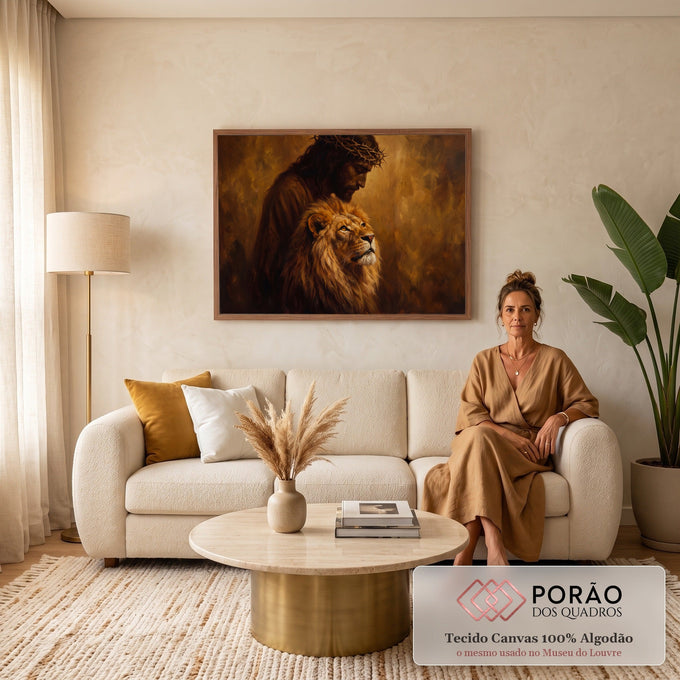 Jesus com coroa de espinhos ao lado do leão de Judá em pintura a óleo dourada, quadro decorativo
