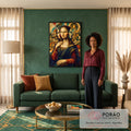 Quadro Decorativo Grande Mona Lisa Cubista para Sala Dourado | quadros decorativos para sala de estar | releitura cubista da Mona Lisa com mosaico dourado e torres góticas ao fundo | em ambiente 3 | Porao dos Quadros