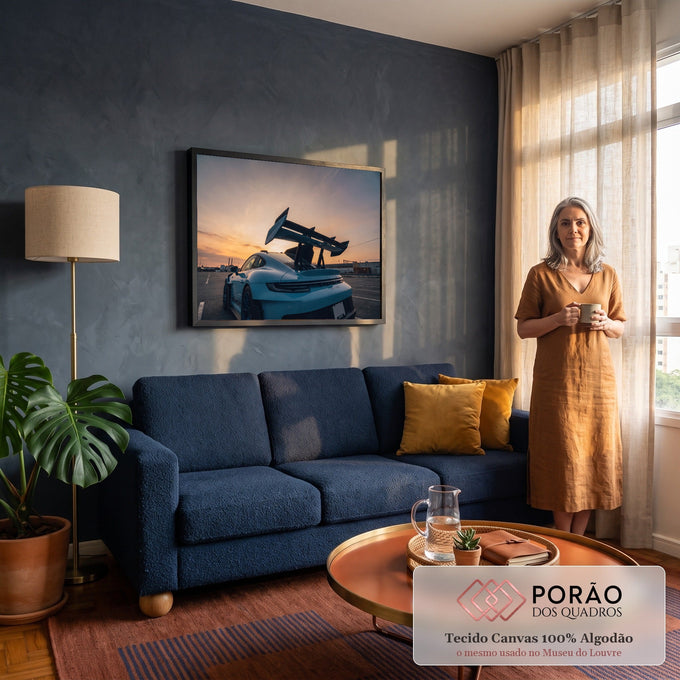 Quadro Decorativo Grande Carro Automóvel para Sala Azul | quadros decorativos para sala de estar | carro esportivo azul claro com aerofólio preto contra céu de pôr do sol | em ambiente 3 | Porao dos Quadros
