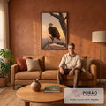 Quadro Decorativo Grande Águia Americana Laranja para Sala | quadros decorativos para sala de estar | águia-de-cabeça-branca pousada em galho seco com céu alaranjado de pôr do sol ao fundo | em ambiente 3 | Porao dos Quadros