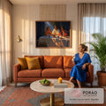 Jesus em oração à mesa com dois discípulos sob raio de luz, pintura a óleo da Santa Ceia, quadro decorativo
