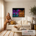 Quadro Decorativo Grande Estufa Vitoriana para Sala Roxo | quadros decorativos para sala de estar | estufa vitoriana iluminada por luzes neon roxas, rosas e laranjas à noite | em ambiente 3 | Porao dos Quadros