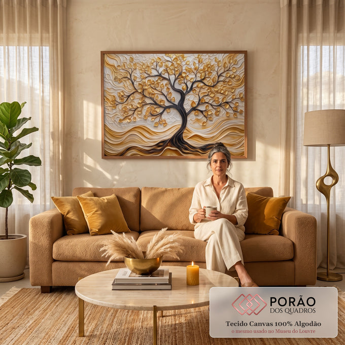 Quadro Decorativo Grande Árvore da Folhas Douradas para Sala | quadros decorativos para sala de estar | árvore da vida com folhas douradas em relevo sobre fundo bege texturizado | em ambiente 3 | Porao dos Quadros