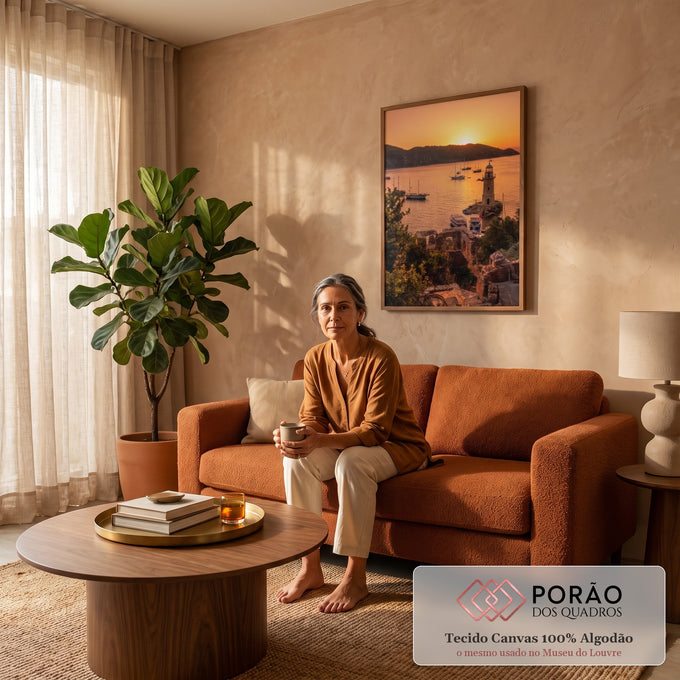 Farol de pedra e veleiros na baía ao pôr do sol laranja, com ruínas e vegetação, quadro decorativo