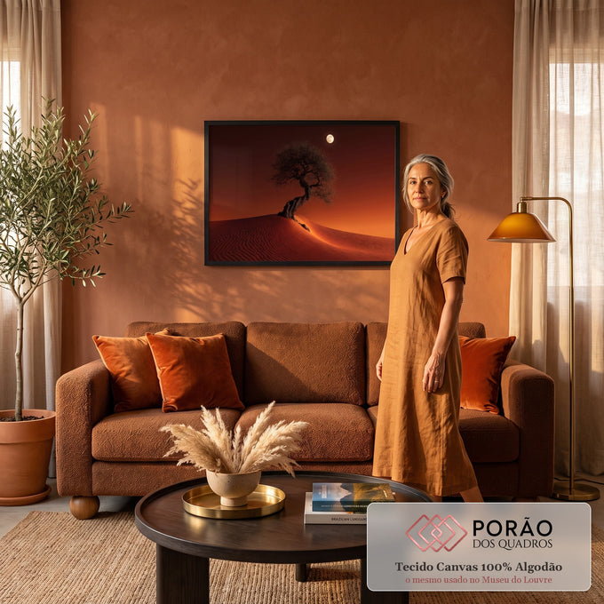 Árvore retorcida solitária em duna de areia sob lua cheia e céu laranja ao entardecer, quadro decorativo