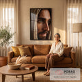 Quadro Decorativo Grande Olhar Intenso para Sala Marrom | quadros decorativos para sala de estar | close-up de rosto masculino com capuz rústico e olho verde intenso | em ambiente 3 | Porao dos Quadros