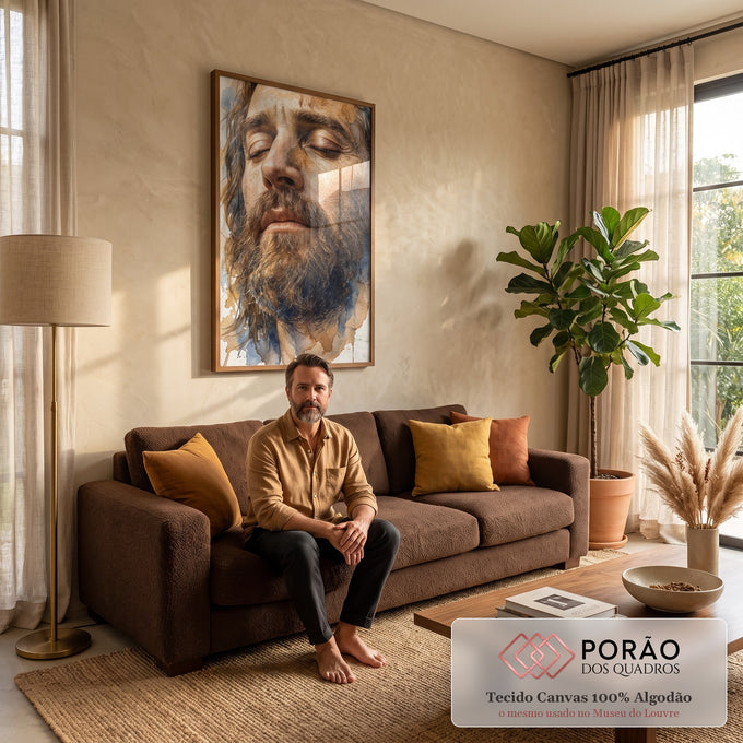 Quadro Decorativo Grande Retrato Aquarela de Homem para Sala | quadros decorativos para sala de estar | retrato em aquarela de homem barbudo com olhos fechados em tons terrosos e azuis | em ambiente 3 | Porao dos Quadros