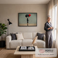 Quadro Decorativo Grande Boneca Gótica para Sala Preto | quadros decorativos para sala de estar | boneca gótica de cabelo preto segurando balão de coração vermelho texturizado | em ambiente 3 | Porao dos Quadros