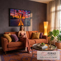 Quadro Decorativo Grande Avenida de Palmeiras para Sala | quadros decorativos para sala de estar | avenida com palmeiras e pôr do sol laranja e roxo intenso ao fundo | em ambiente 3 | Porao dos Quadros