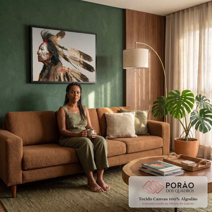 Guerreiro indígena de perfil com pintura facial branca e vermelha e cocar de penas marrons, quadro decorativo