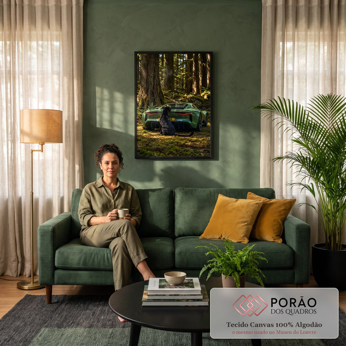 Pantera negra sentada atrás de carro esportivo verde em floresta de sequoias, quadro decorativo