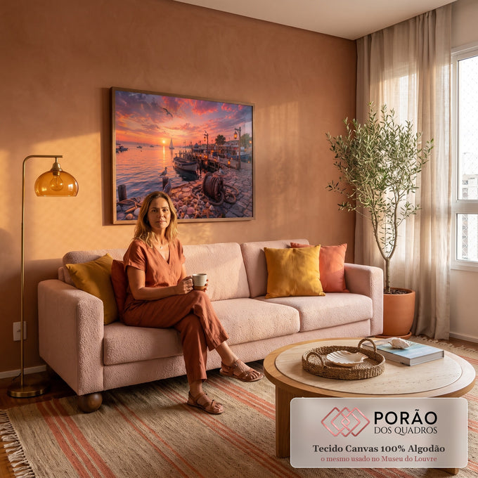 Quadro Decorativo Grande Cais ao Pôr do Sol para Sala | quadros decorativos para sala de estar | cais ao pôr do sol com barcos, gaivotas, conchas e estrelas-do-mar em primeiro plano | em ambiente 3 | Porao dos Quadros