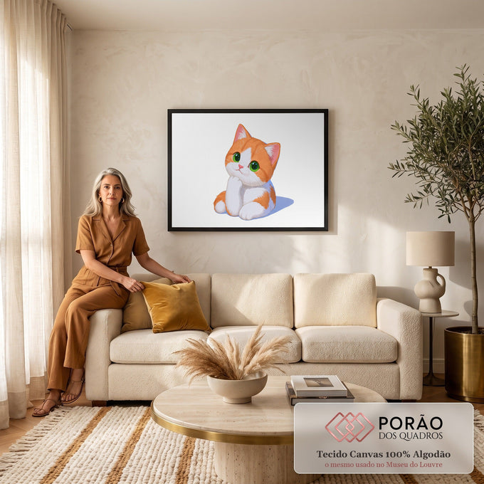 Quadro Decorativo Grande Gatinho e Branco para Quarto | quadros decorativos para sala de estar | gatinho laranja e branco de olhos verdes com a pata no queixo | em ambiente 3 | Porao dos Quadros