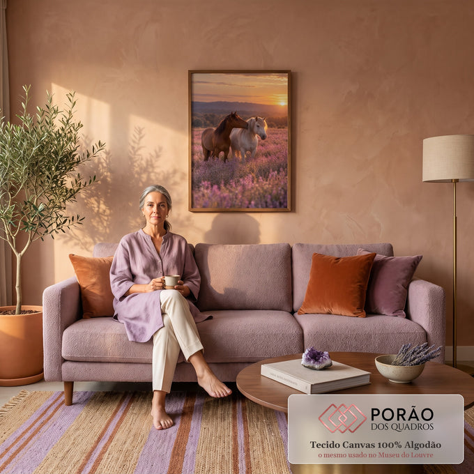 Quadro Decorativo Grande Cavalos para Sala Roxo | quadros decorativos para sala de estar | dois cavalos se afagando em campo de lavanda roxa durante pôr do sol | em ambiente 3 | Porao dos Quadros