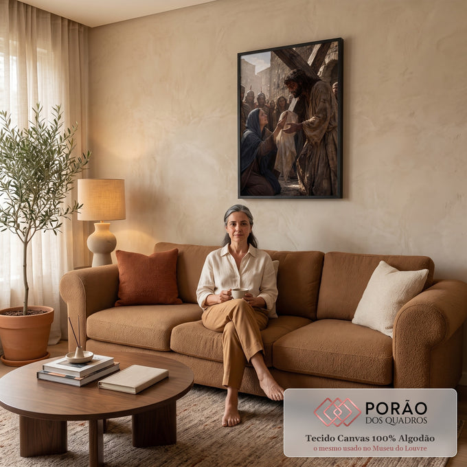 Quadro Decorativo Grande Jesus Carregando Cruz para Sala | quadros decorativos para sala de estar | Jesus carregando a cruz com coroa de espinhos recebe pano de mulher ajoelhada | em ambiente 3 | Porao dos Quadros