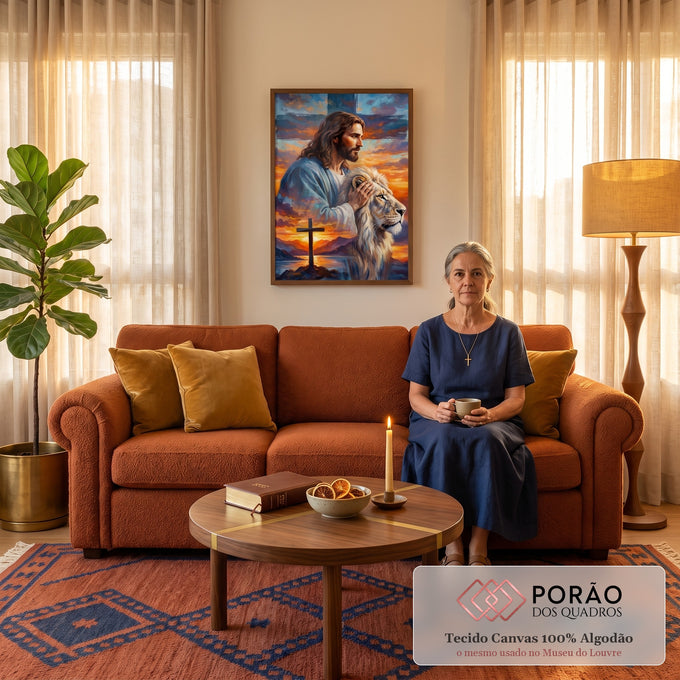 Quadro Decorativo Grande Jesus com Leão Laranja para Sala | quadros decorativos para sala de estar | homem de manto azul com a mão sobre leão branco diante de pôr do sol e cruz | em ambiente 3 | Porao dos Quadros