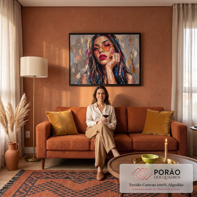 Retrato de mulher com óculos de coração, batom vermelho e mão no rosto em pintura a óleo, quadro decorativo