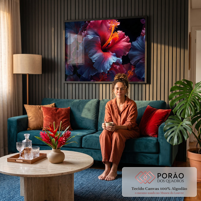 Quadro Decorativo Grande Hibisco e Azul para Sala Vermelho | quadros decorativos para sala de estar | flores de hibisco em close com pétalas vermelhas e azuis e estames laranja | em ambiente 3 | Porao dos Quadros