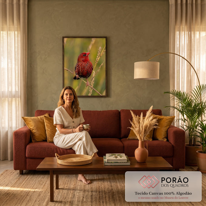 Pássaro vermelho com pintas brancas pousado em haste de capim sobre fundo verde desfocado, quadro decorativo