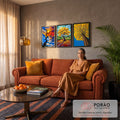 Quadro Decorativo Kit 3 Telas Árvore para Sala Amarelo | quadros decorativos para sala de estar | árvore em três cenas: silhueta ao pôr do sol, pintura amarela impressionista e foto outonal | em ambiente 3 | Porao dos Quadros