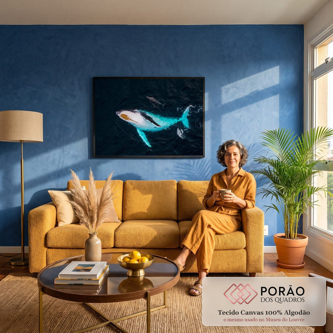 Quadro Decorativo Grande Baleia Jubarte para Sala Azul | quadros decorativos para sala de estar | baleia jubarte vista de cima com reflexo turquesa nadando ao lado de um golfinho | em ambiente 3 | Porao dos Quadros