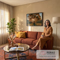Quadro Decorativo Árvore ao Pôr do Sol em Tons de Laranja | quadros decorativos para sala de estar | árvore isolada com folhagem laranja e sol brilhando entre os galhos ao entardecer | em Quadros para Quarto | Porao dos Quadros