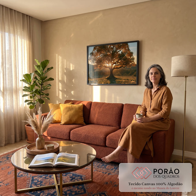 Quadro Decorativo Árvore ao Pôr do Sol em Tons de Laranja | quadros decorativos para sala de estar | árvore isolada com folhagem laranja e sol brilhando entre os galhos ao entardecer | em Quadros para Quarto | Porao dos Quadros