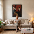 Quadro Decorativo Casal Conversando no Bar em Vermelho | quadros decorativos para sala de estar | homem idoso fumando e mulher pensativa num balcão de bar vermelho | em ambiente 3 | Porao dos Quadros