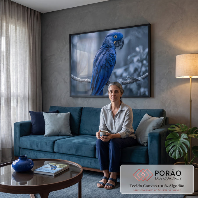 Quadro Decorativo Grande Arara em Galho para Sala Azul | quadros decorativos para sala de estar | arara-jacinta azul de perfil em galho com fundo desfocado em tons frios | em ambiente 3 | Porao dos Quadros
