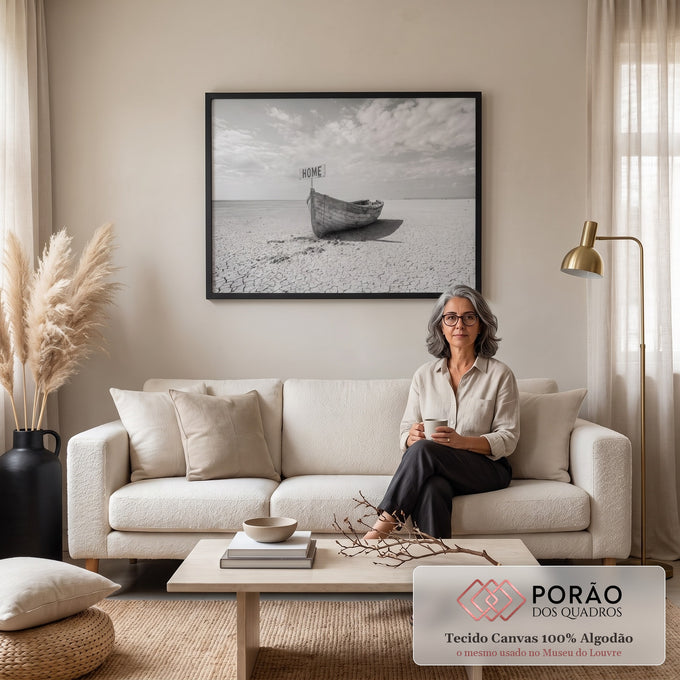 Barco de madeira antigo em terra seca e rachada com placa HOME sob céu nublado, em preto e branco, quadro decorativo
