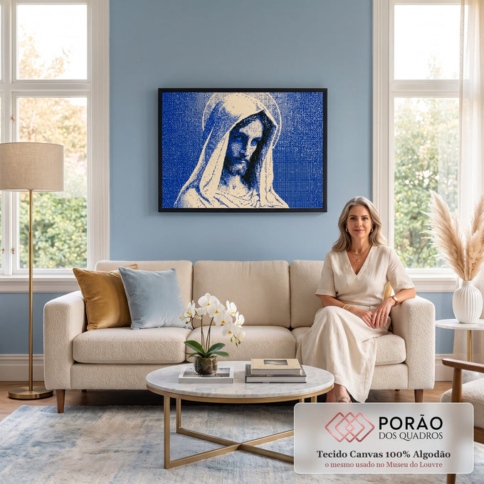 Quadro Decorativo Grande Nossa Senhora Pontilhismo para Sala | quadros decorativos para sala de estar | Nossa Senhora com véu e mãos em oração em efeito halftone azul e bege | em ambiente 3 | Porao dos Quadros